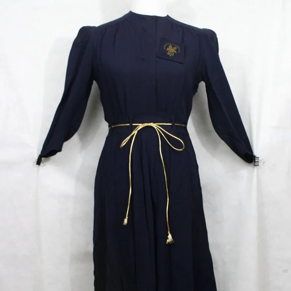 Vintage 40's Navy Blue Crepe Dress w/Embroider Pocket & Gold Cord Belt SZ XS EUC - Picture 2 of 7